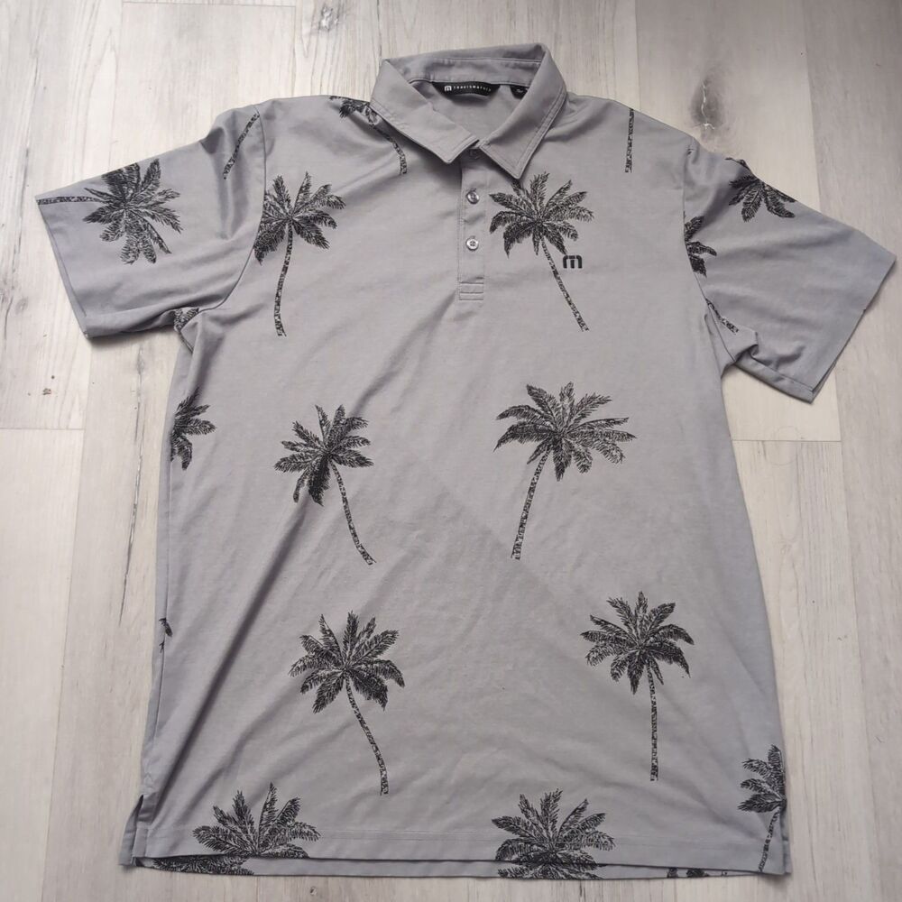 Travis Mathew Polo Men XL Gray Palm Tree Short Sleeve Golf Polo